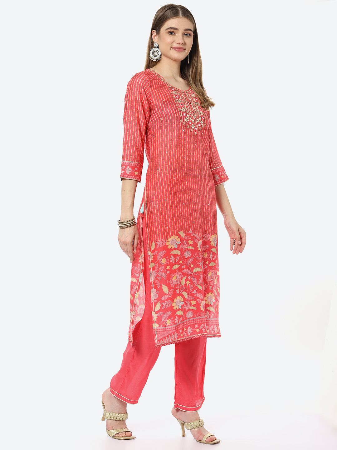 Mirror Work &amp; Printed Muslin Kurta With Pant &amp; Chiffon Dupatta