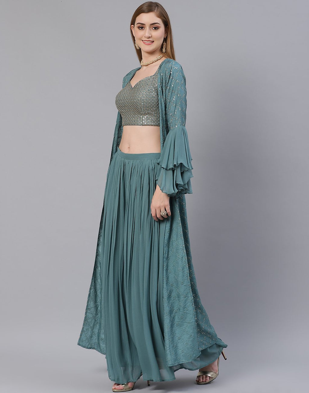 Dusty Green Georgette Salwar Kameez Stitched Suit