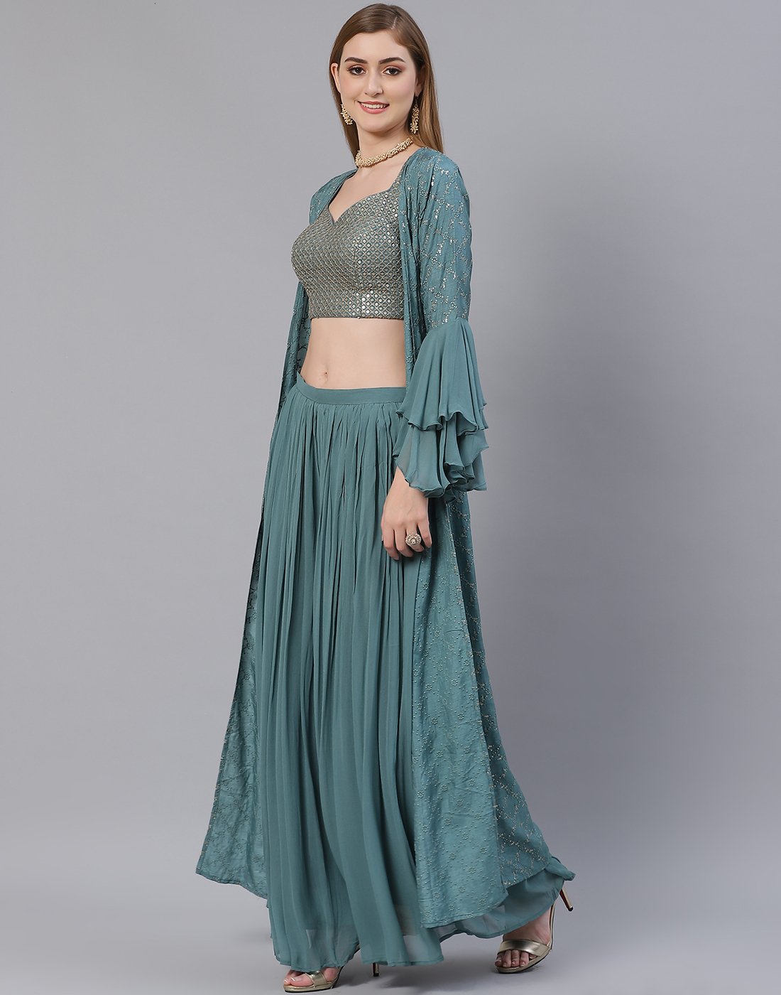 Dusty Green Georgette Salwar Kameez Stitched Suit