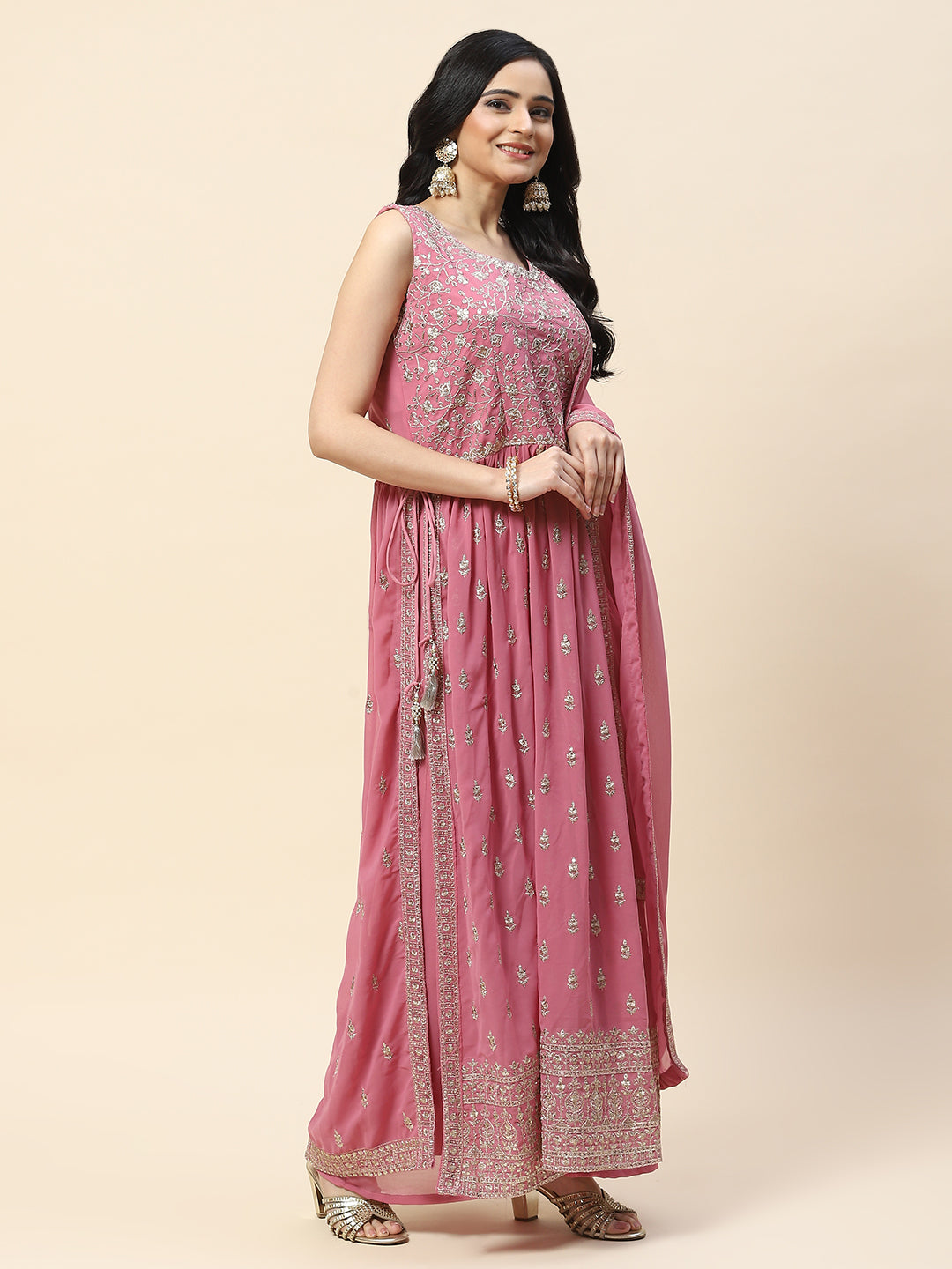 Zari Booti Embroidered Georgette Kurta With Palazzo &amp; Dupatta