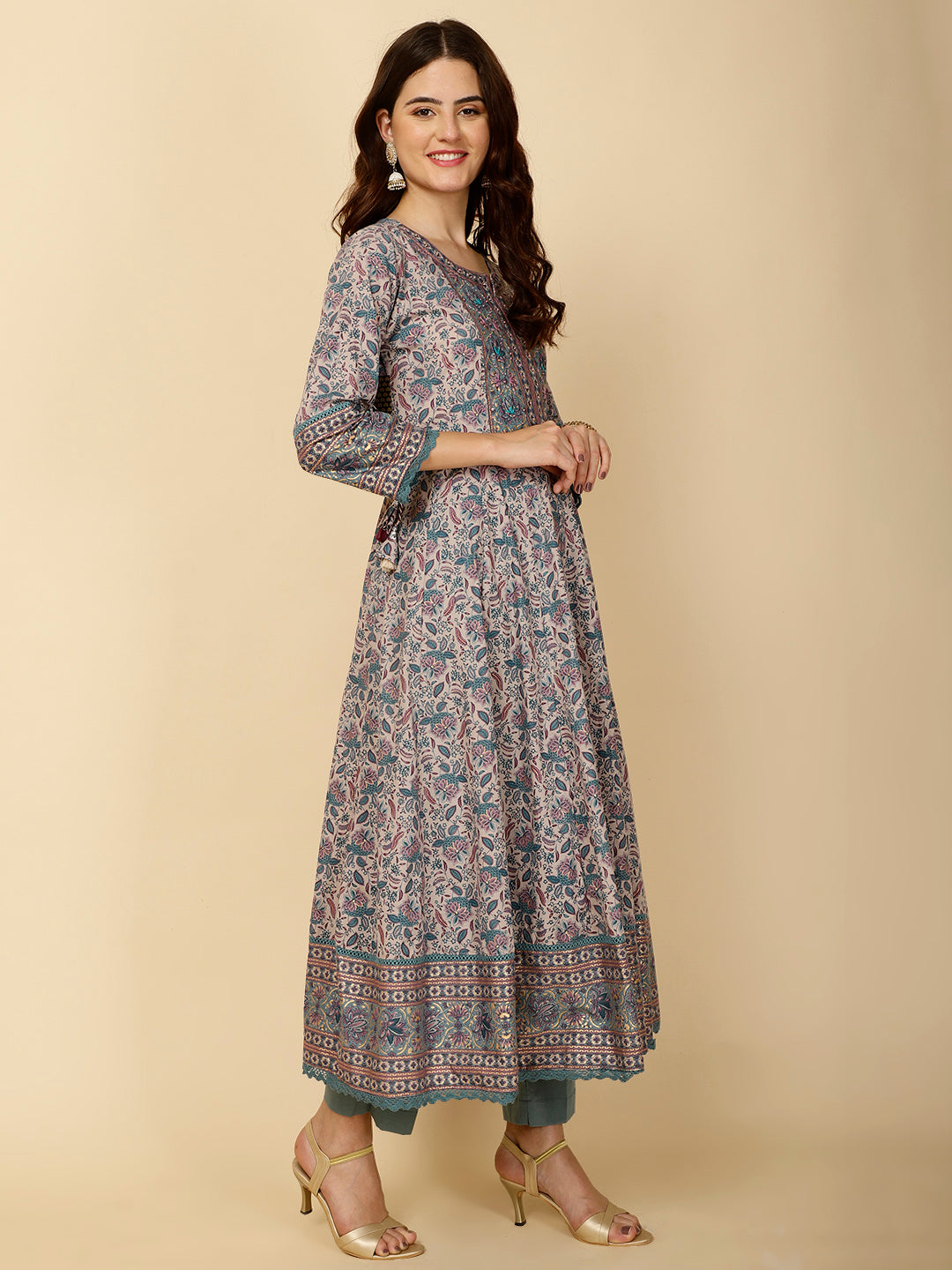 Floral Block Printed Anarkali Kurta With Pants &amp; Dupatta