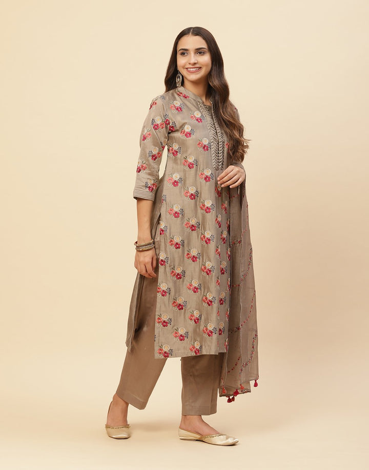 Resham Booti Embroidered Cotton Chanderi Stitched Salwar Kameez With Chanderi Dupatta