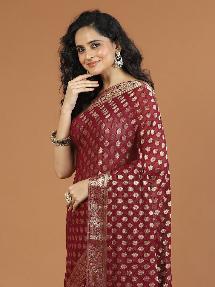Zari Border Booti Chiffon Woven Saree