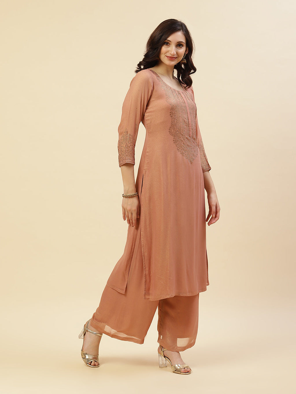 Embroidered Georgette Kurti With Palazzo And Dupatta