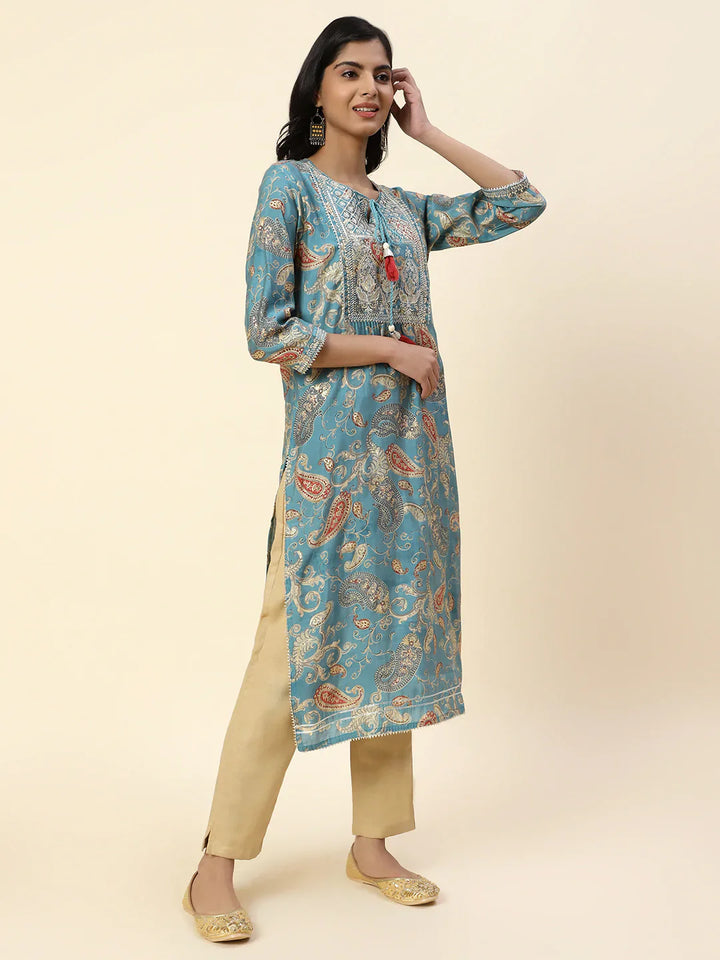 Printed With Yoke Embroidered Muslin Kurta