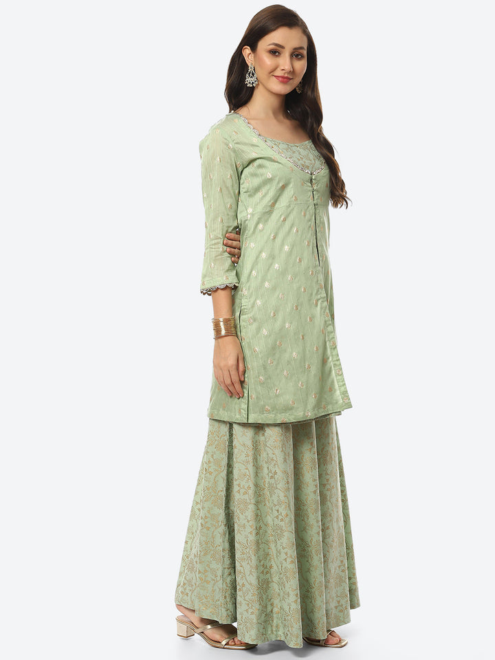 Printed Chanderi Kurta With Skirt &amp; Jacket