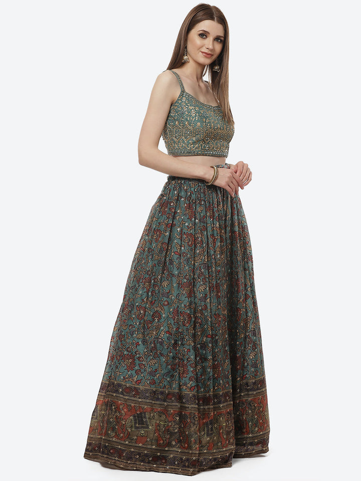 Paisley Printed Crepe Lehenga with Choli And Net Dupatta