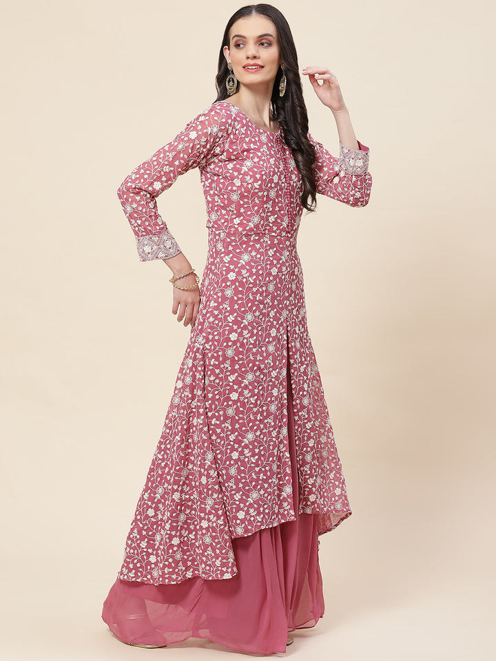 Embroidered Georgette Kurta With Palazzo &amp; Dupatta