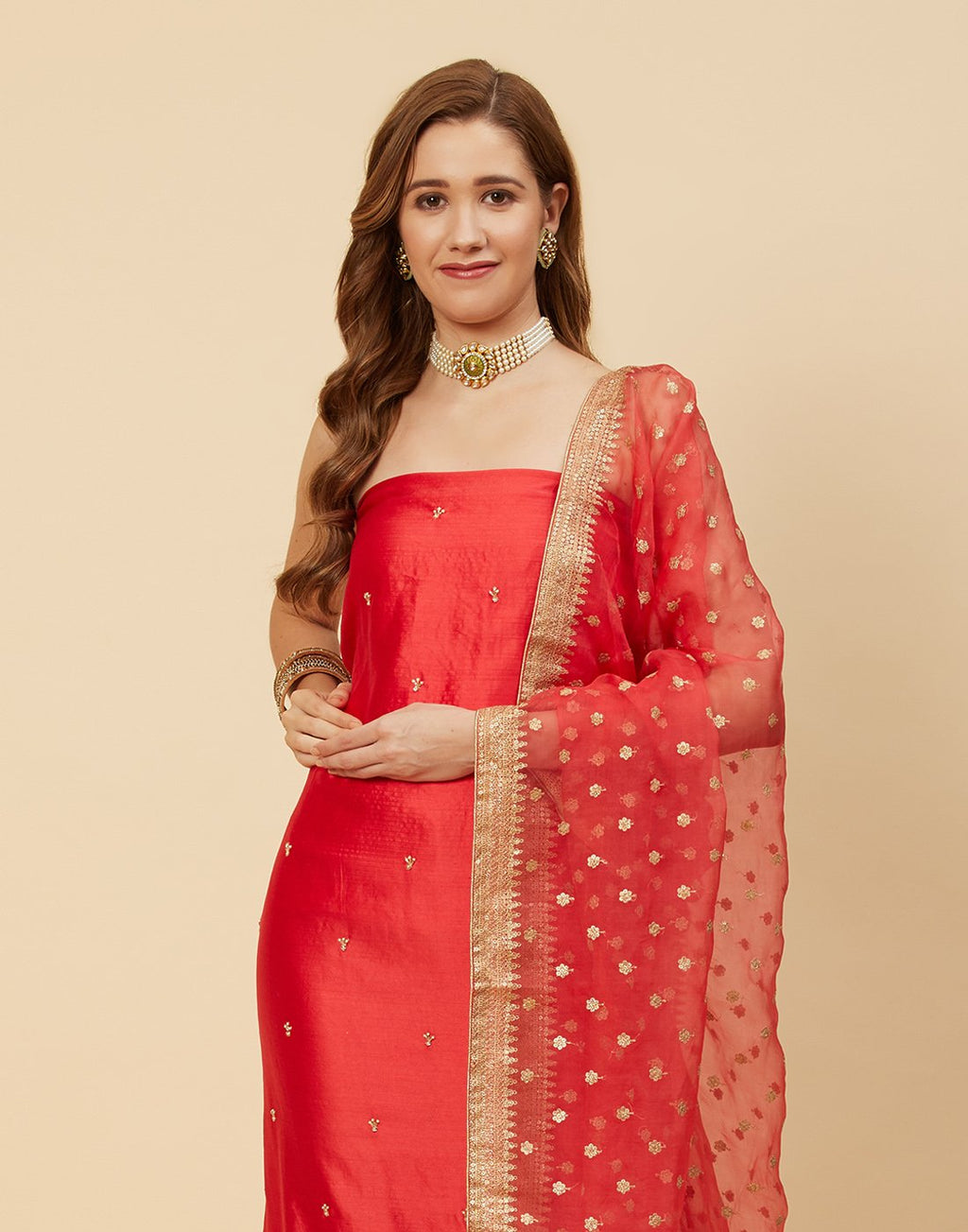Embroidered Handloom Dupion With Organza Dupatta