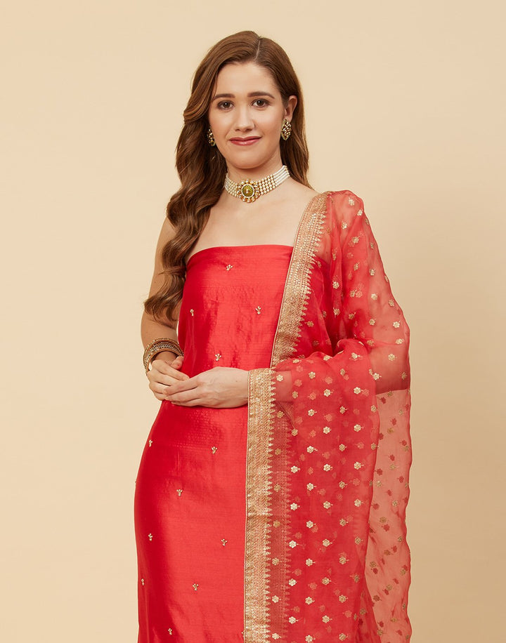 Embroidered Handloom Dupion With Organza Dupatta