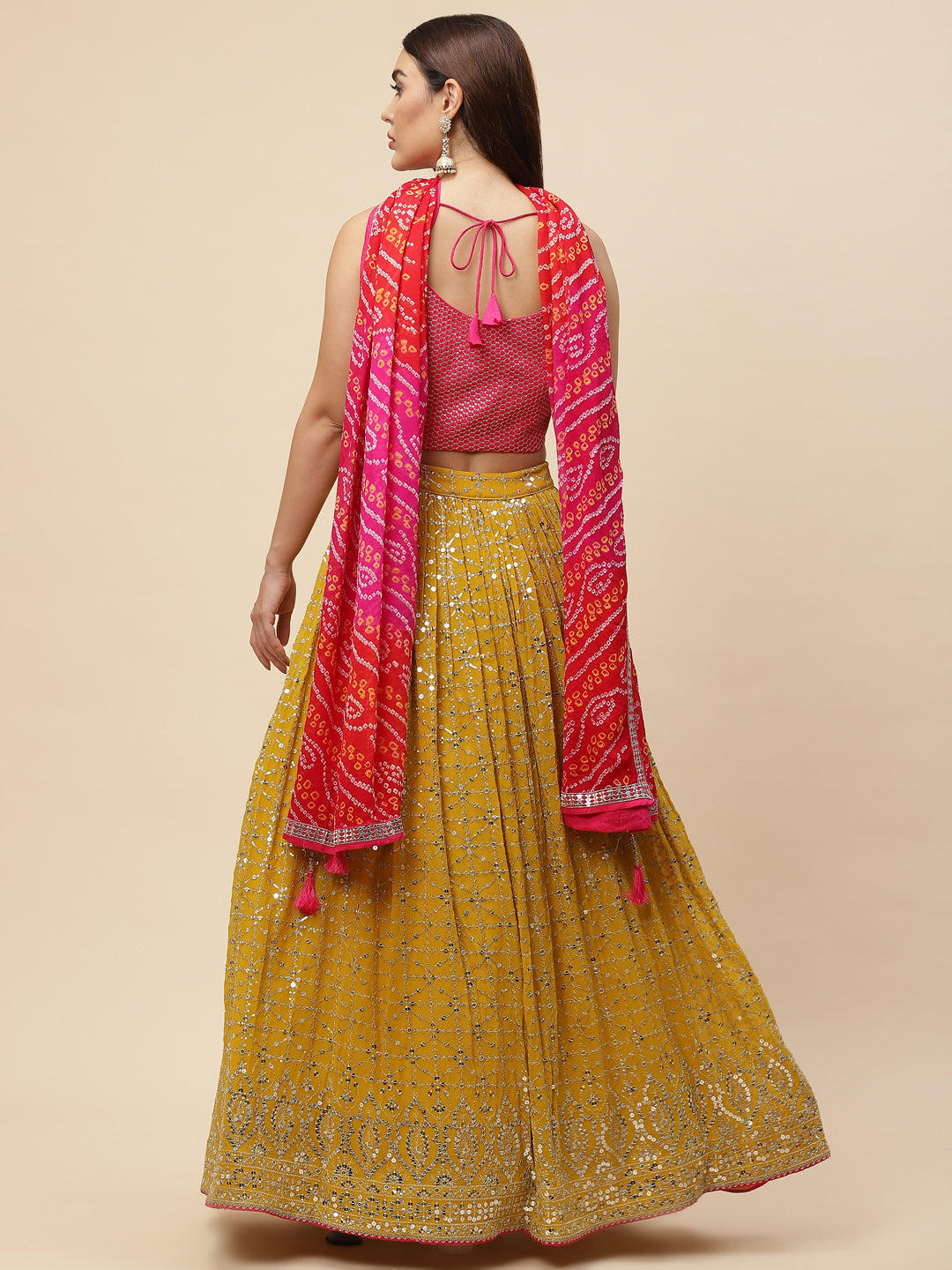 Sequin Embroidered Georgette Choli With Lehenga &amp; Dupatta
