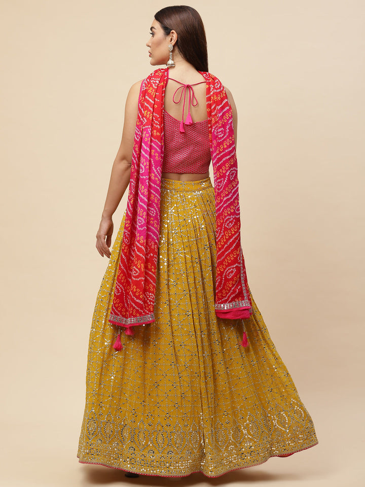 Sequin Embroidered Georgette Choli With Lehenga &amp; Dupatta