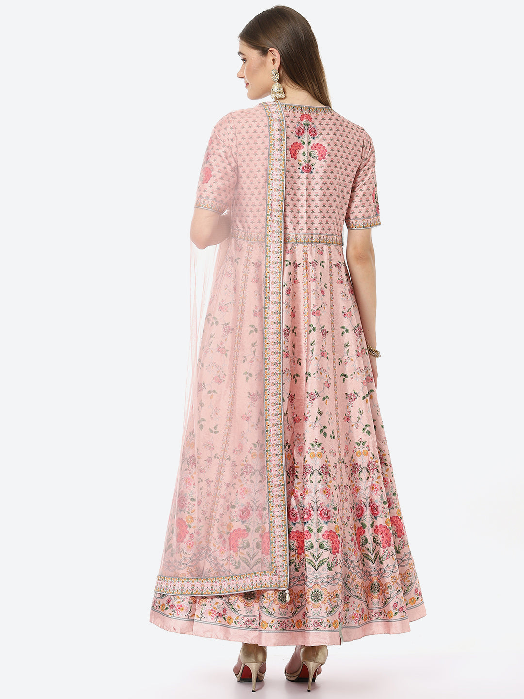 Digital Floral Printed Anarkali Kurta With Churidar & Net Dupatta