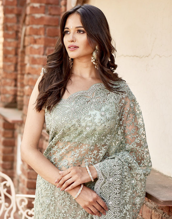 MBZ Meena Bazaar-Net embroidery Saree