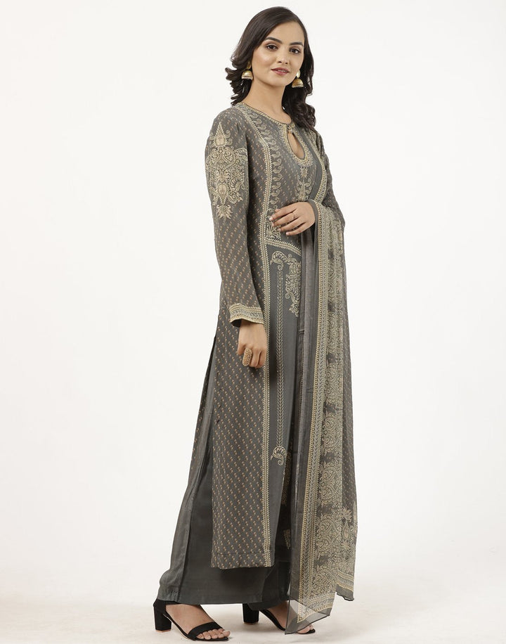 MBZ Meena Bazaar-Grey Digital Printed Crepe Salwaar Kameez Stitched Suit