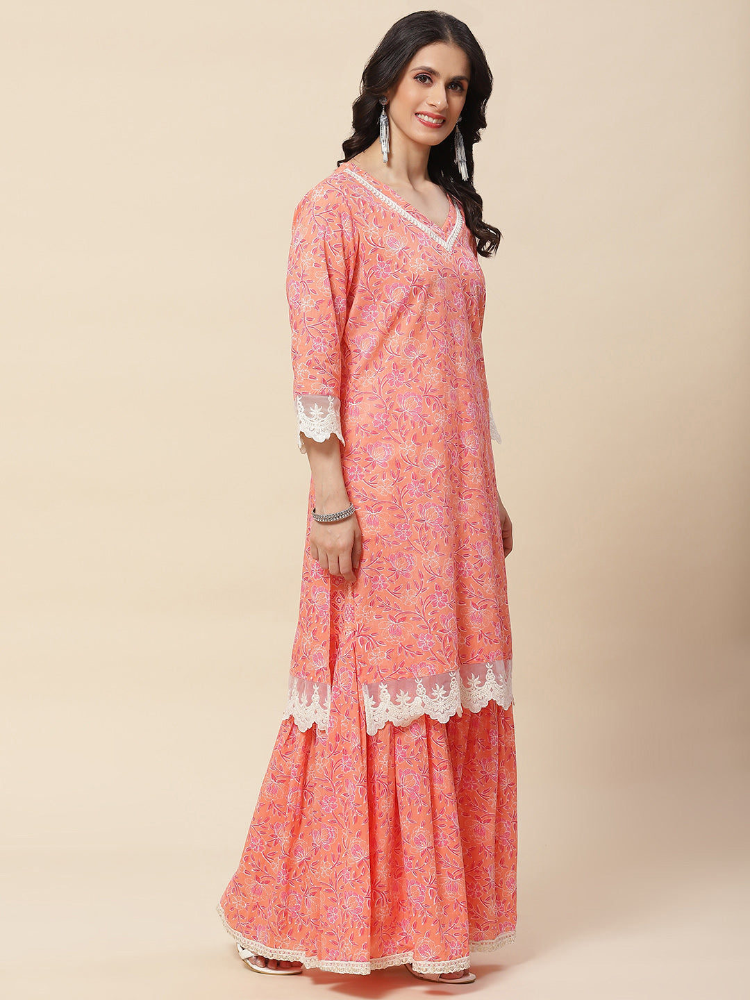 Floral Printed Cotton Kurta With Sharara