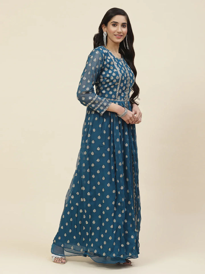 Sequin Embroidered Georgette Kurta With Sharara &amp; Dupatta