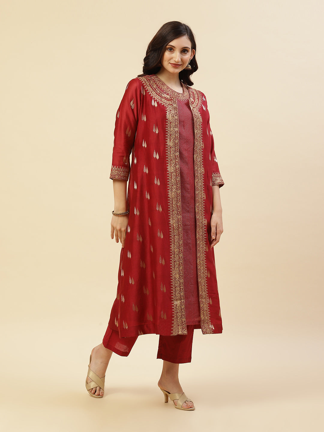Embroidered Chanderi Kurti With Jacket And Pant