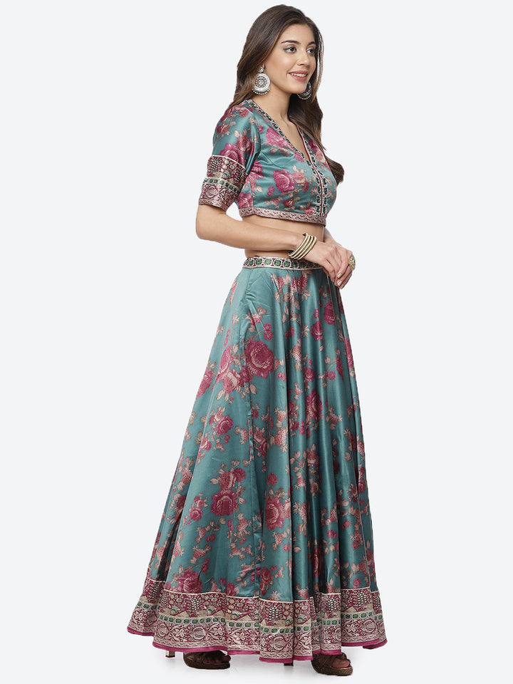 Floral Printed Satin Choli With Lehenga &amp; Net Dupatta