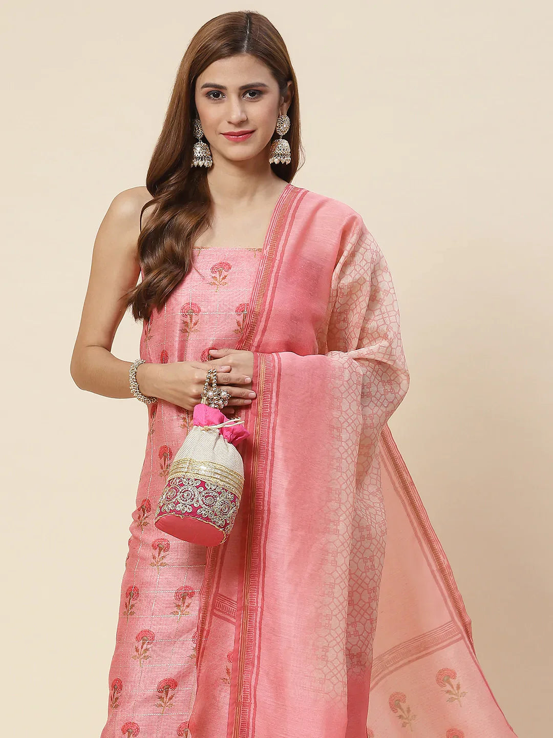 Floral Printed Chanderi Unstitched Suit Piece With Dupatta