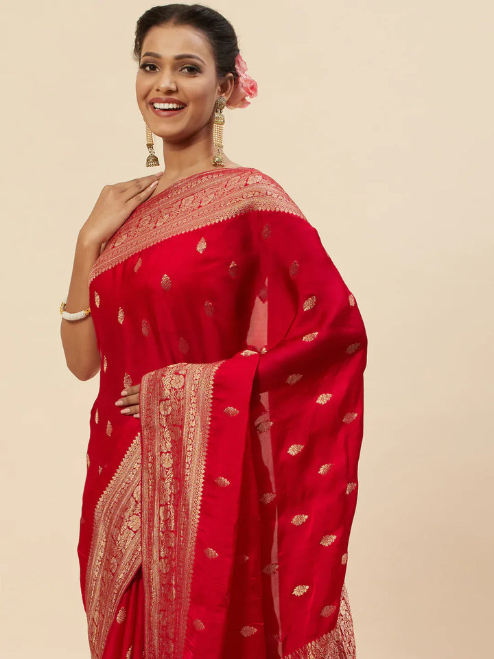 Zari Border Booti Satin Woven Saree