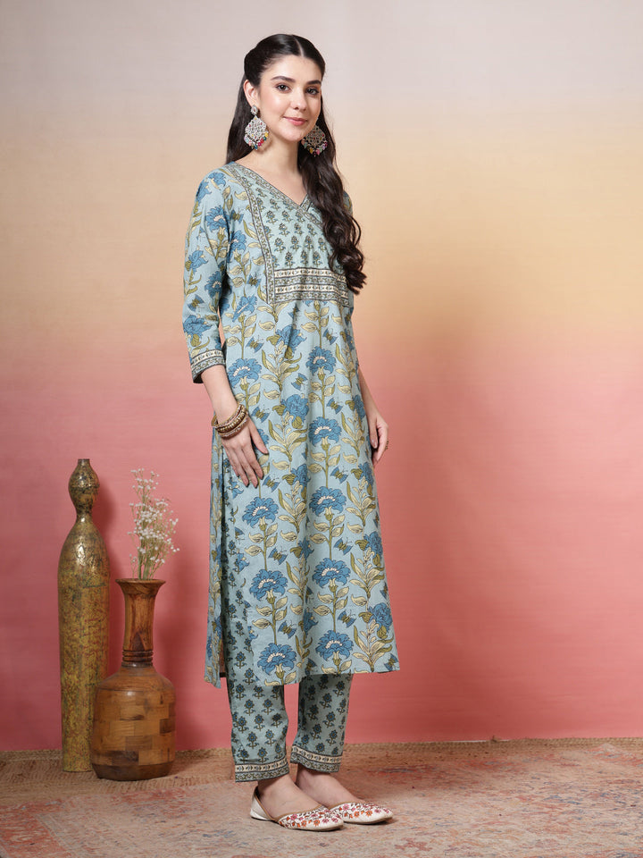 Printed Cotton Kurta With Pant &amp; Dupatta