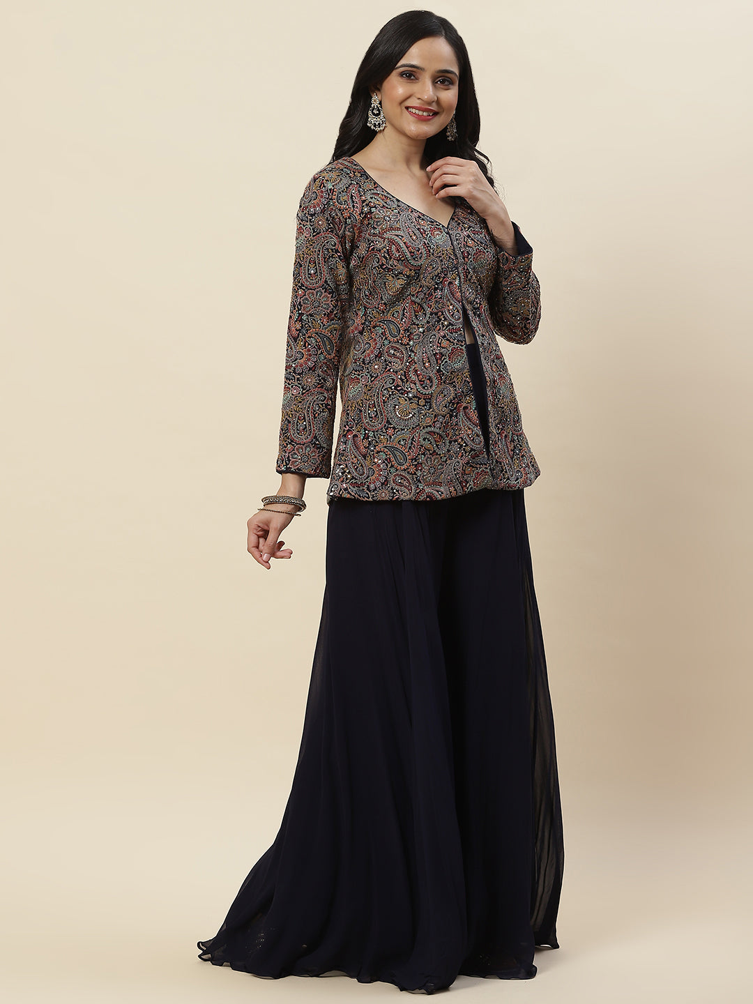 Embroidered Georgette Jacket Style Top With Palazzo &amp; dupatta