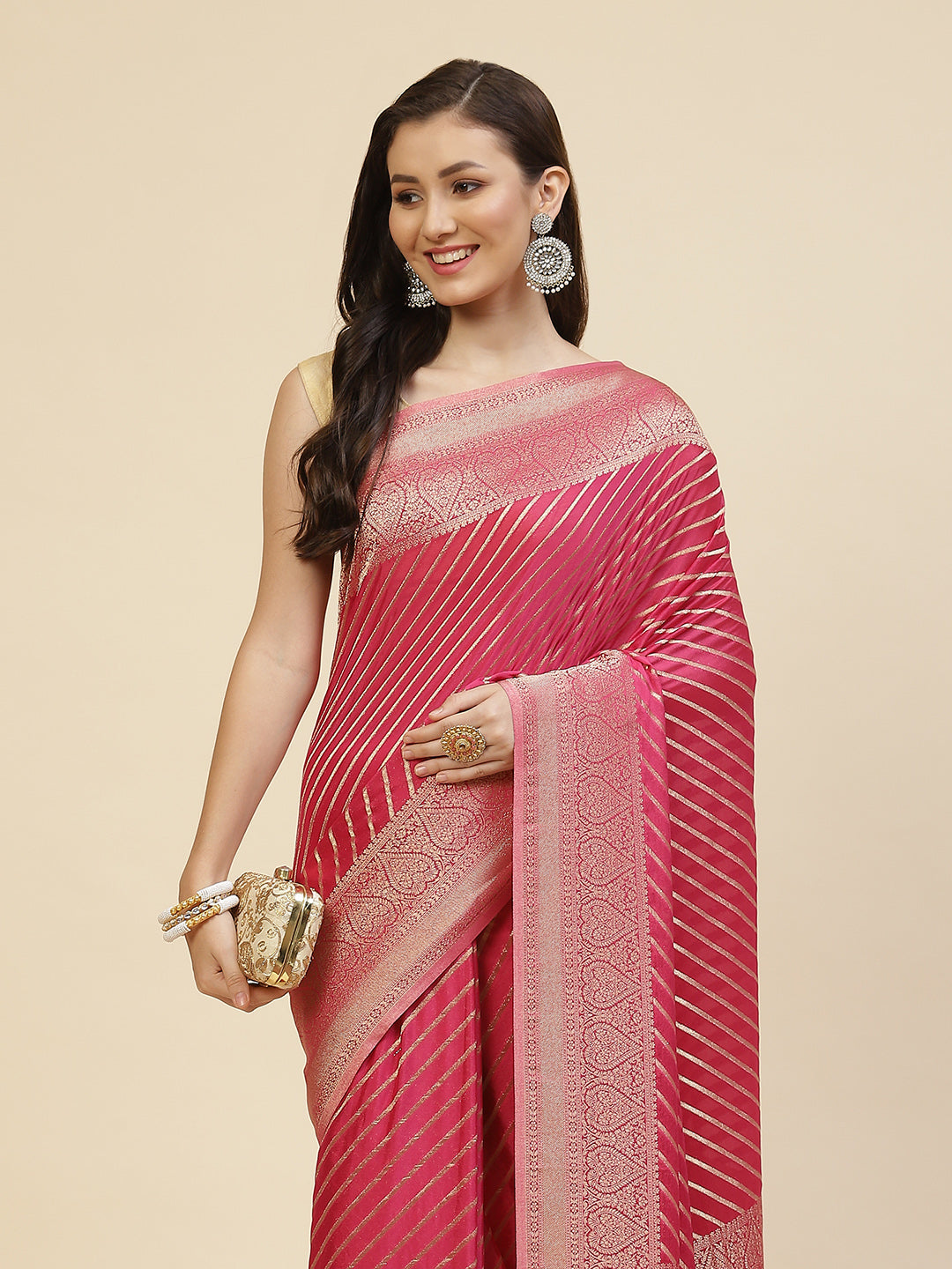 Stripes Zari Jaal Crepe Woven Saree