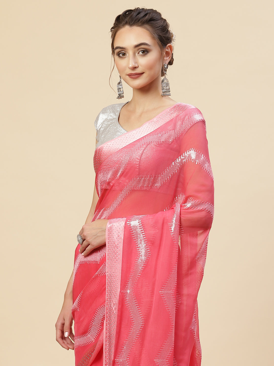 Sequin Embroidered Chiffon Plain Saree
