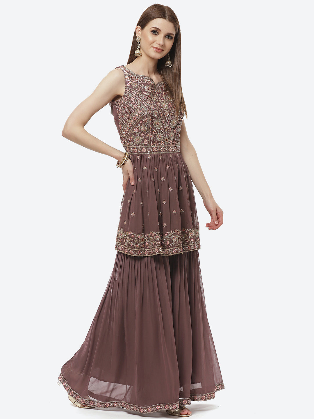 Art Georgette Embroidered Kurti With Sharara And Net Dupatta