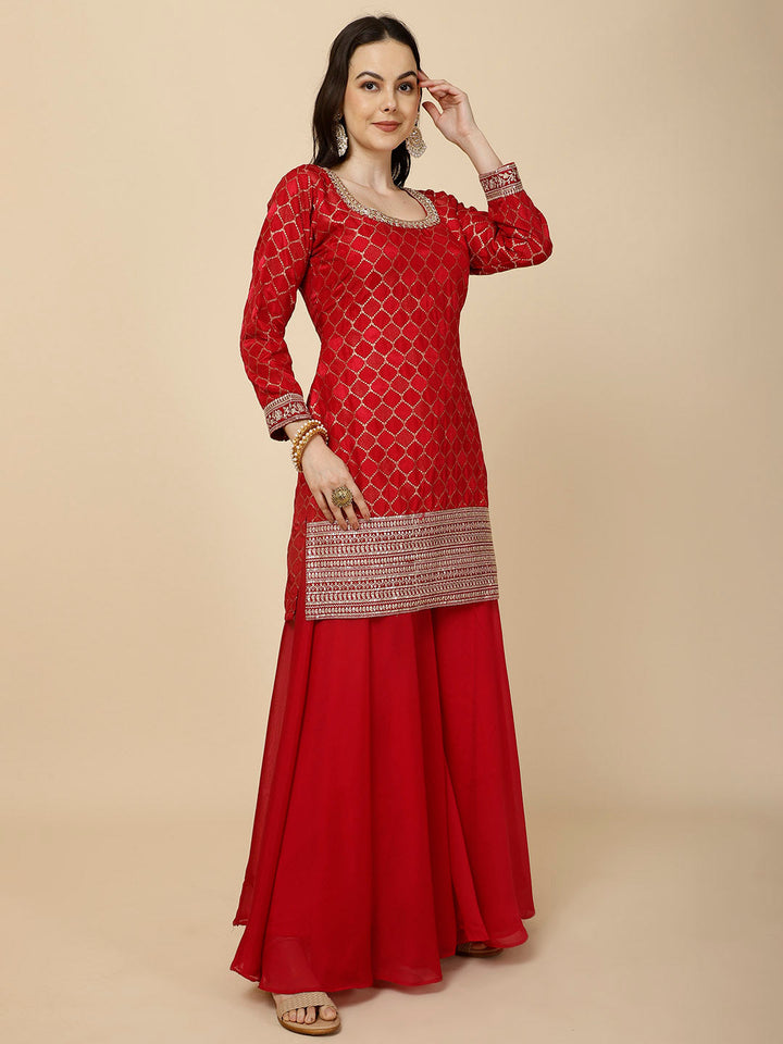 Zari Jaal Embroidery Handloom Suit Set With Dupatta &amp; Palazzo