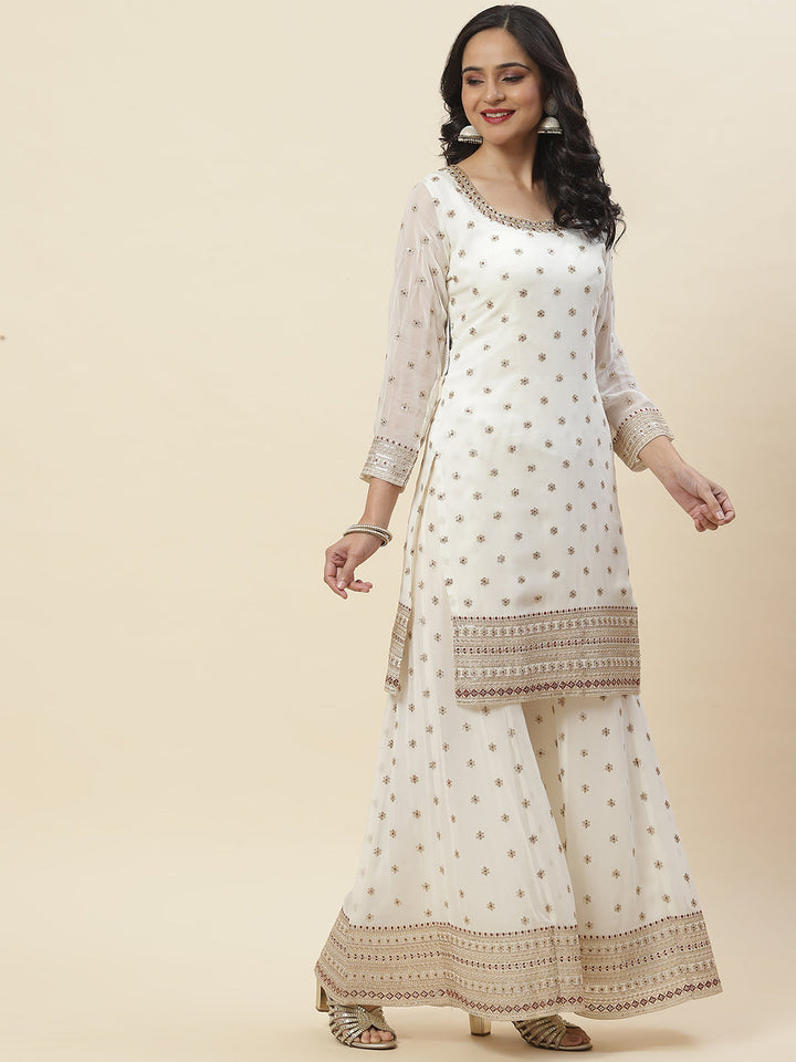 Zari Embroidered Georgette Kurti With Sharara &amp; Dupatta
