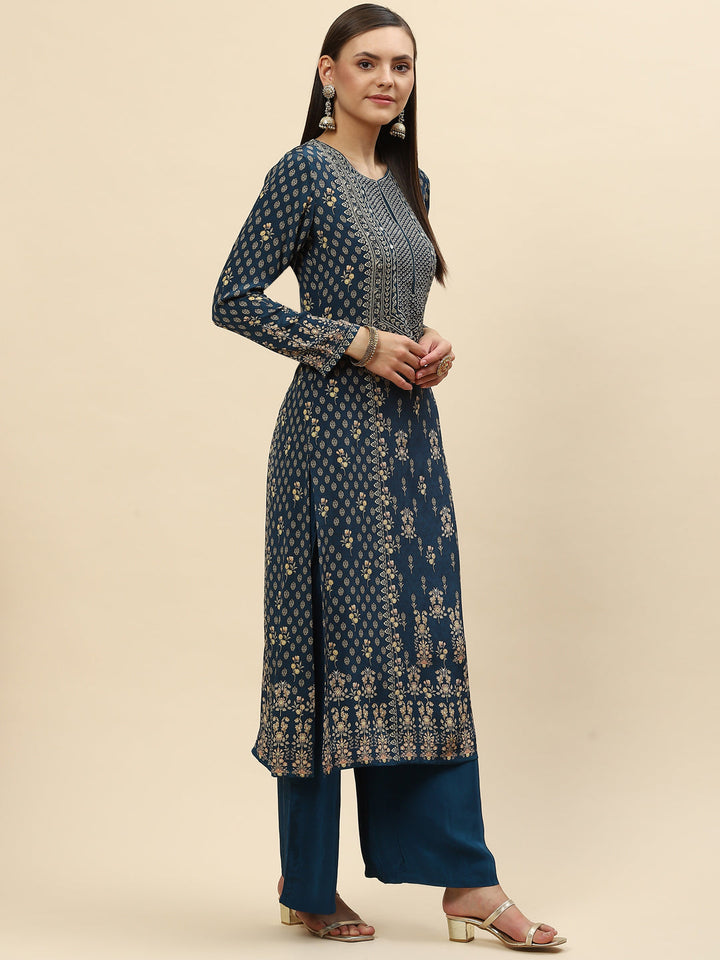 Floral Digital Printed Crepe Kurta With Palazzo &amp; Net Dupatta