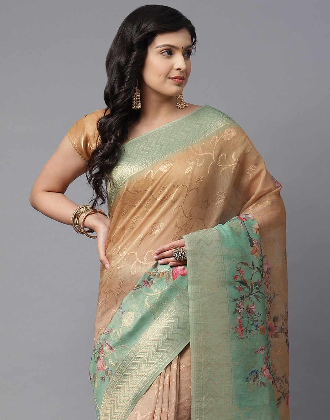 Floral Printed Cotton Linen Saree