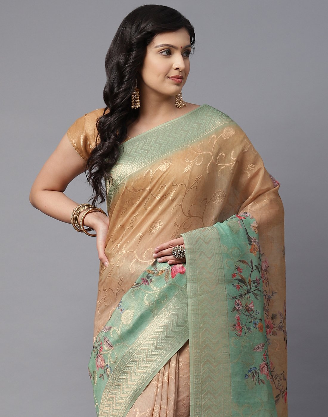 Floral Printed Cotton Linen Saree