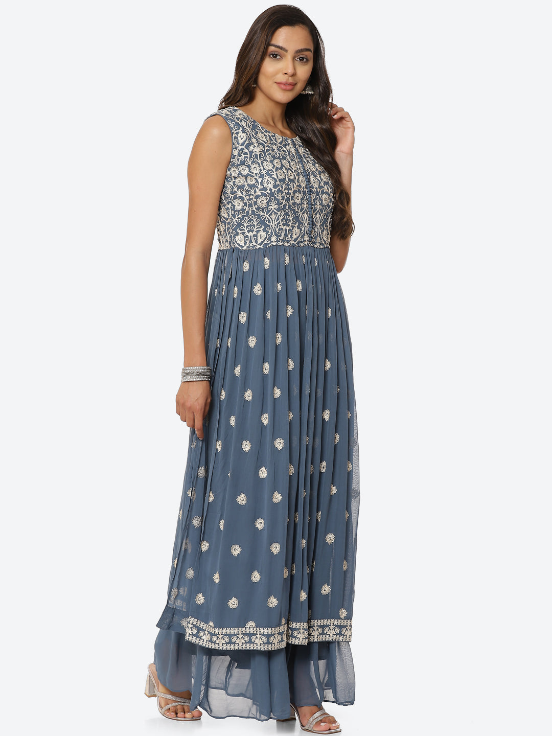 Resham Booti Georgette Kurta With Palazzo &amp; Dupatta
