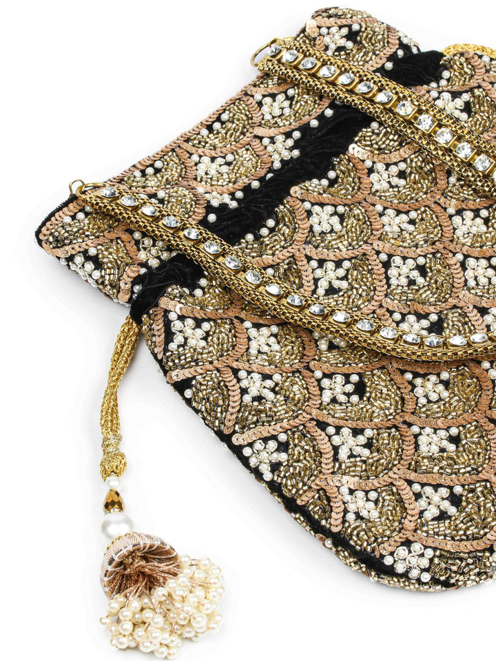 Golden Sequin &amp; Pearl Embroidered Potli Bag