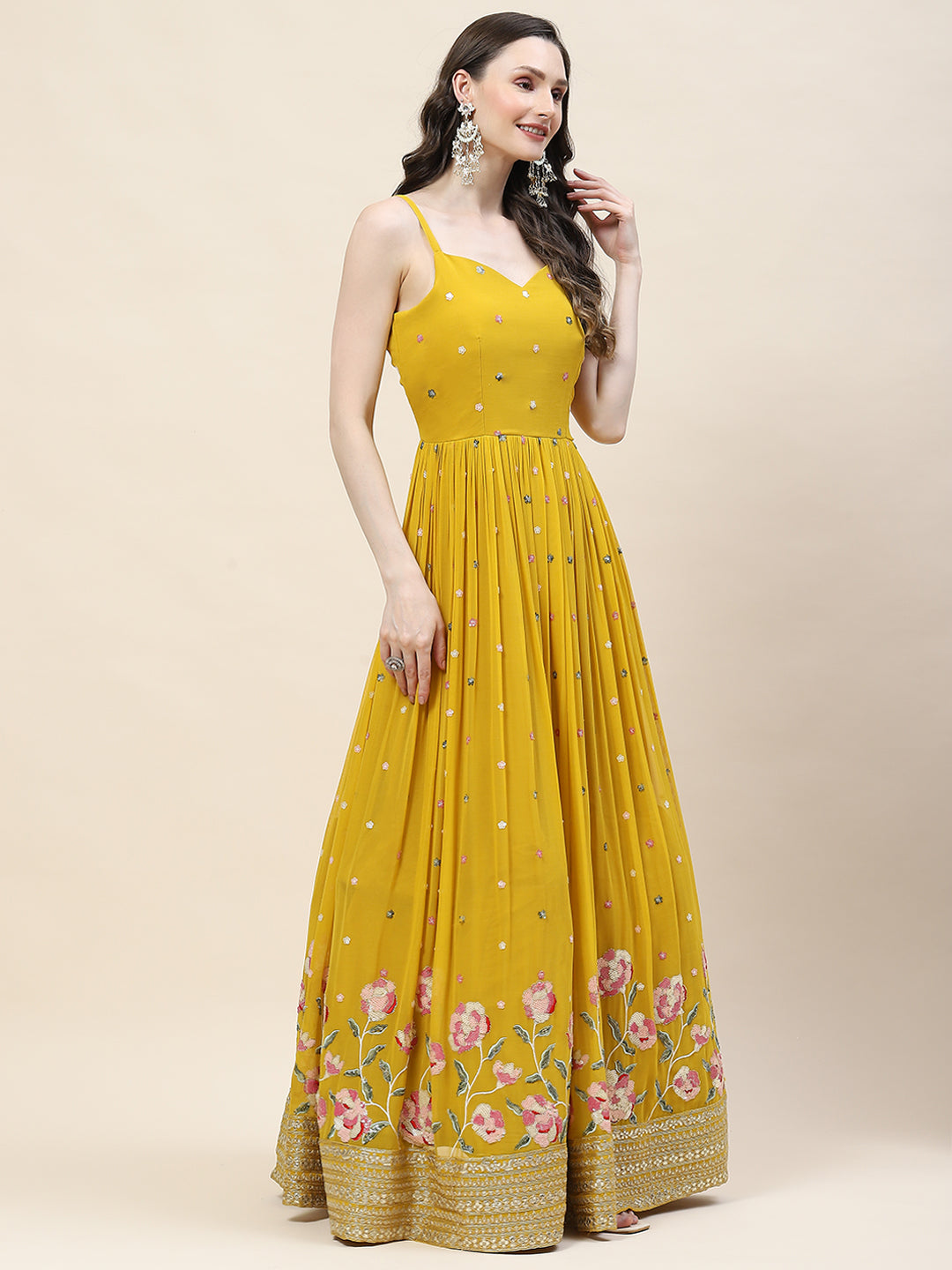 Floral Sequin Embroidery Georgette Kurta With Jacket &amp; Dupatta