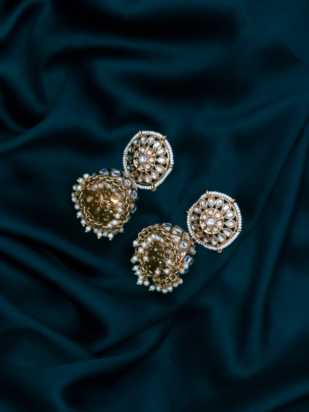 Gold &amp; White Jhumki Earrings