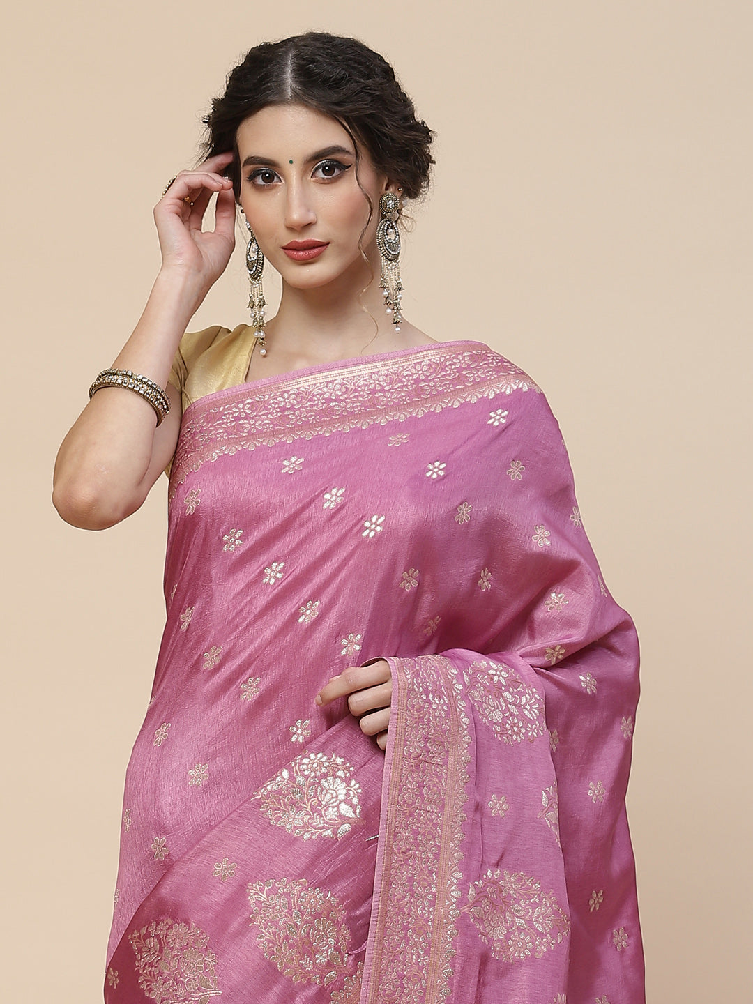 Zari Border Booti Banarasi Woven Saree