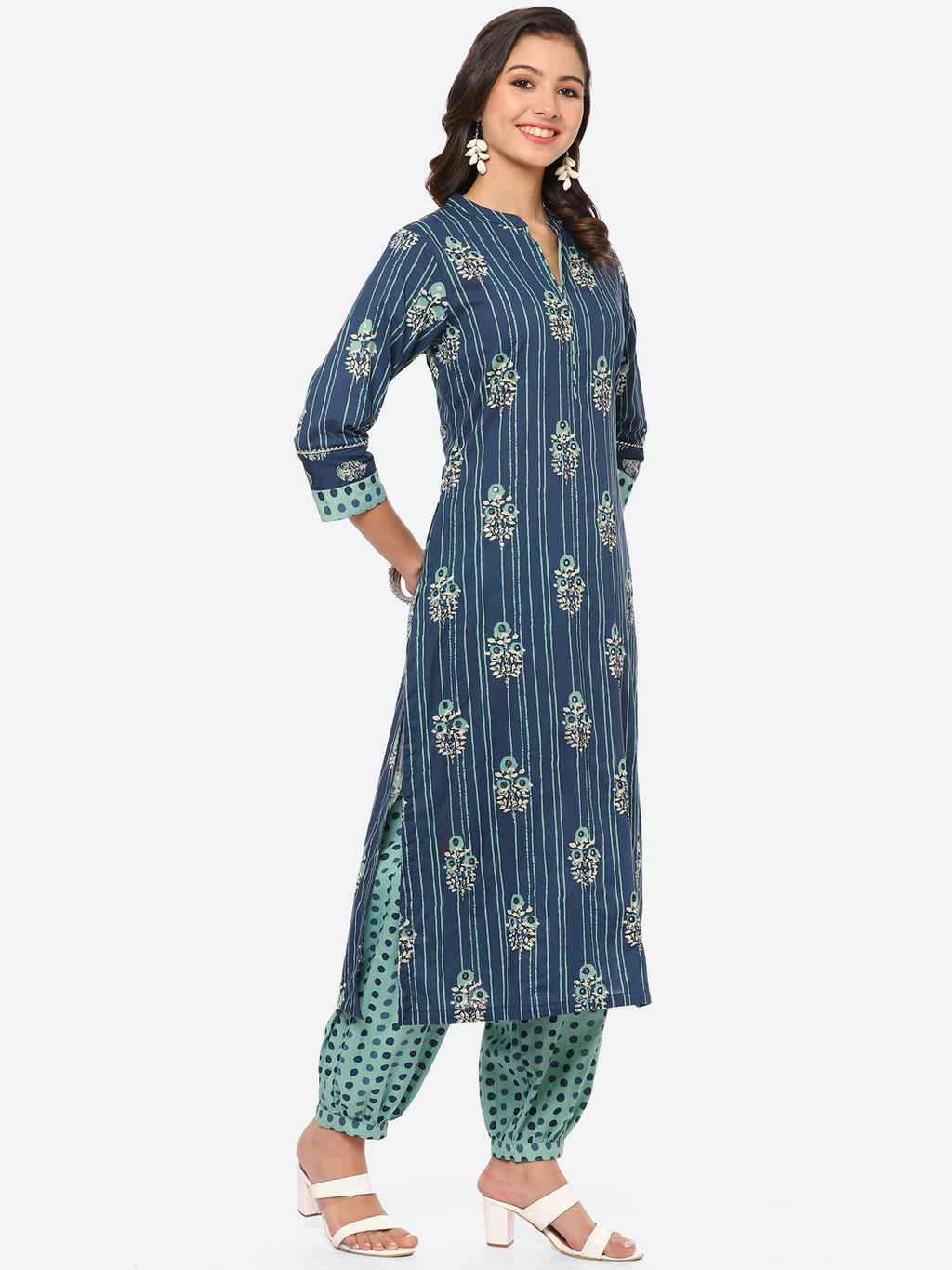 Floral Printed Cotton Kurta With Afgani Pant