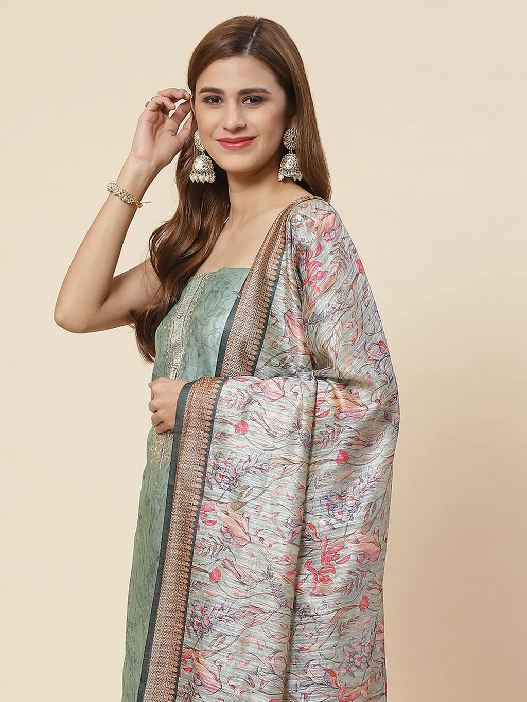 Neck Embroidered & Printed Chanderi Unstitched Suit Piece With Dupatta
