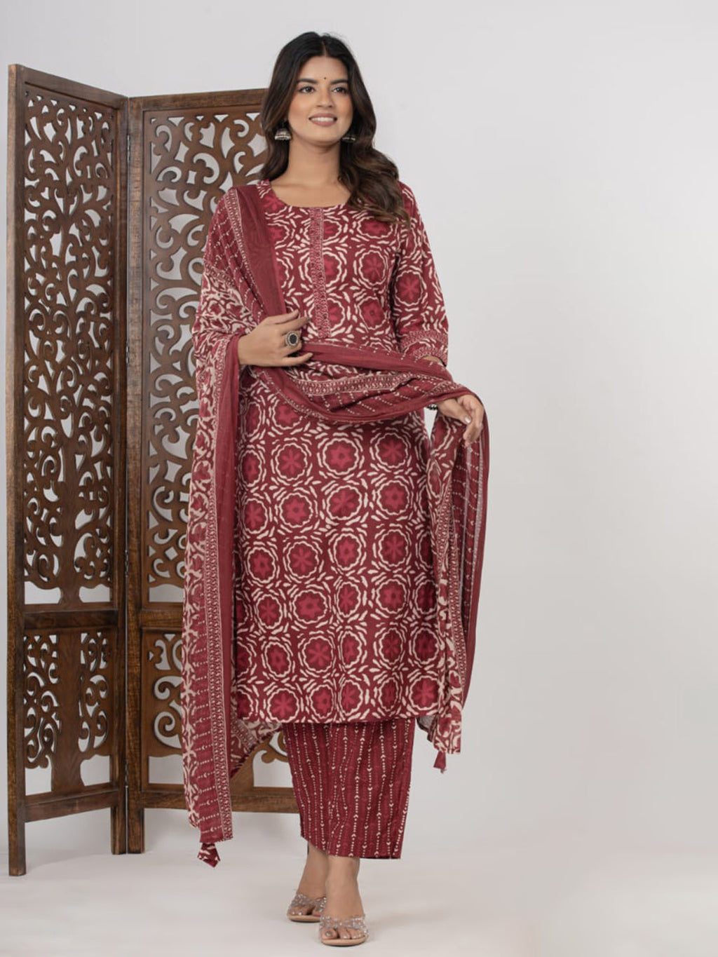 Maroon Embroidered Cotton Blend Straight Suit Set With Dupatta