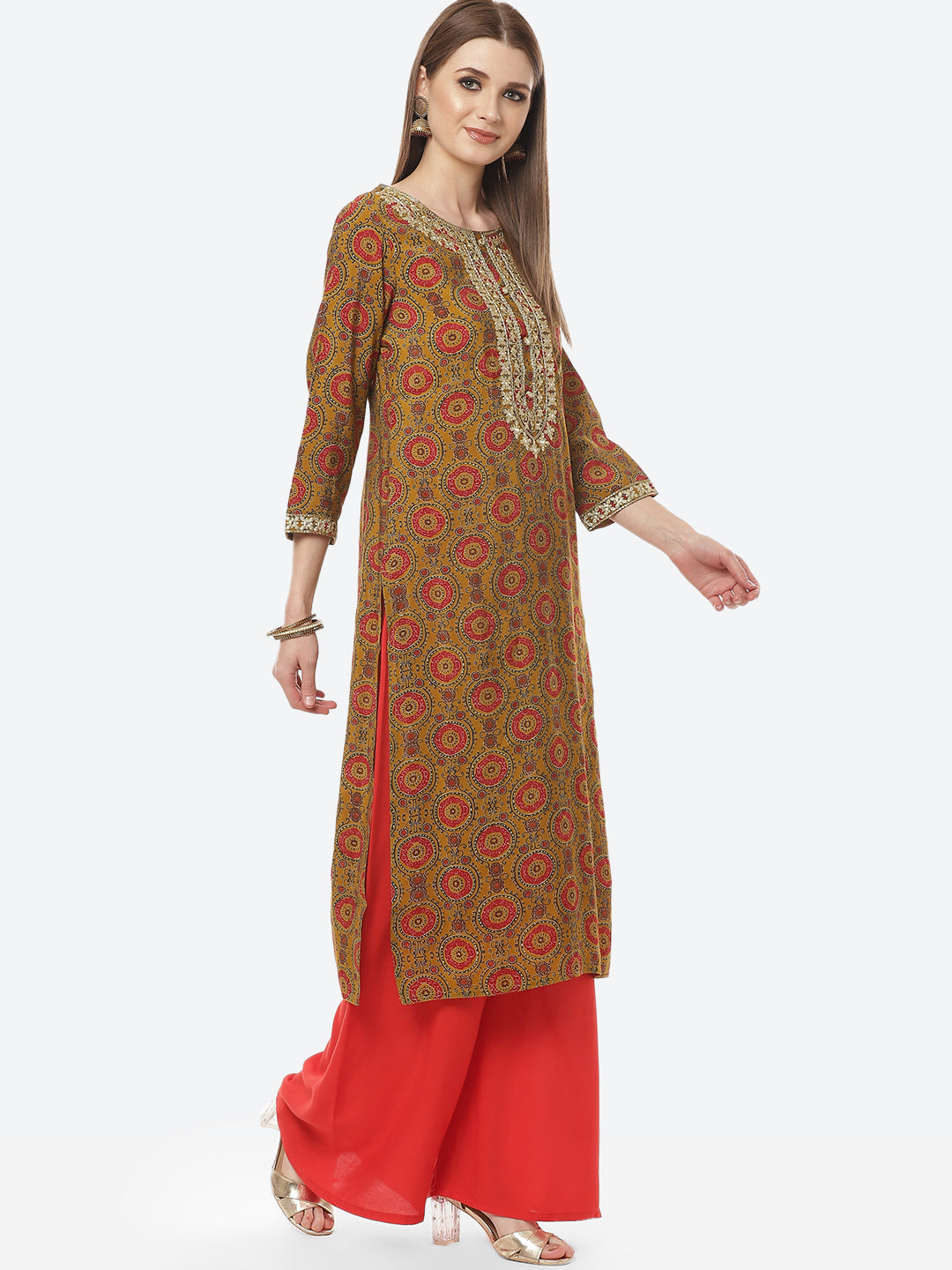 Printed Neck Embroidered Cotton Kurti