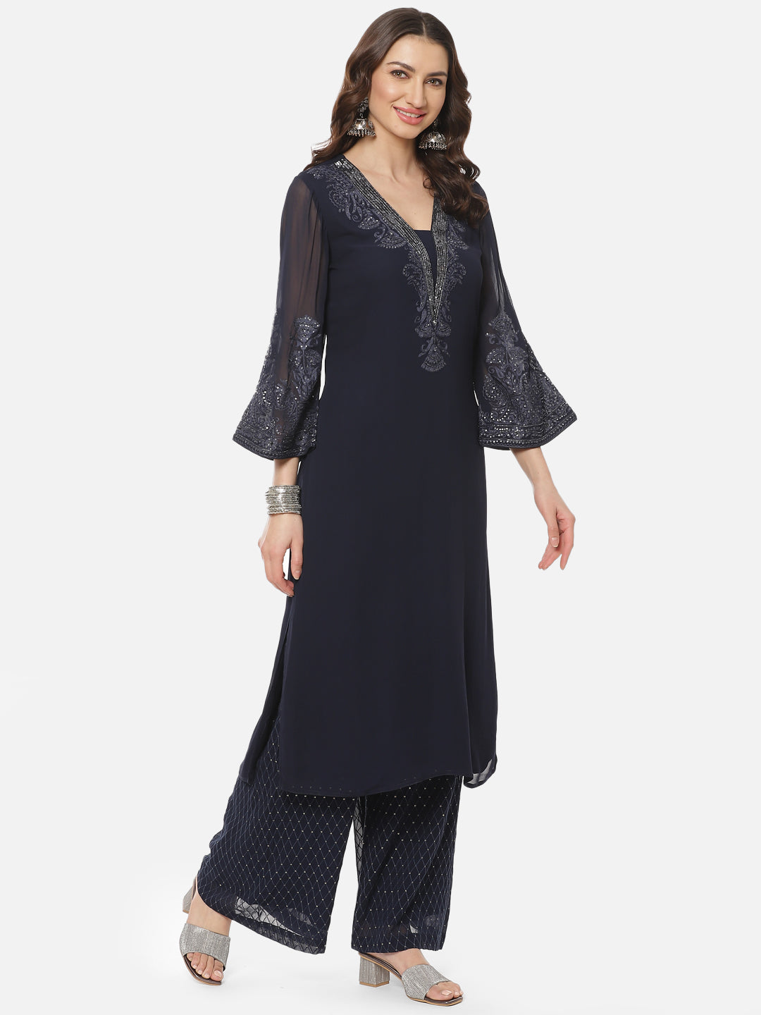 Solid Sequence Georgette Stitched Salwar Kameez With Net Dupatta