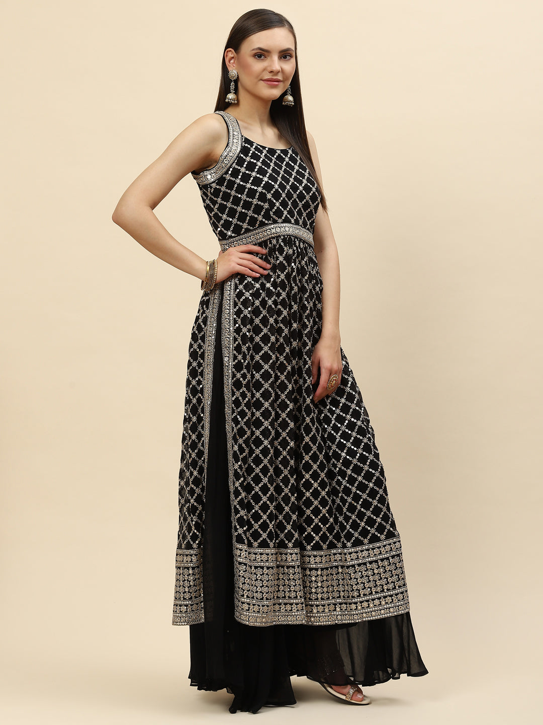 Zari Jaal Embroidered Georgette Kurta With Palazzo & Dupatta