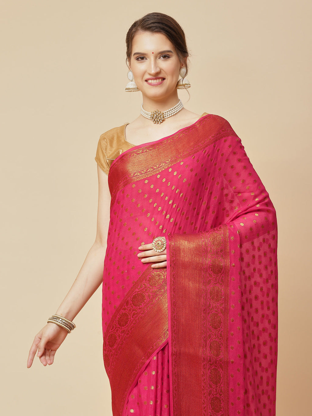 Antique Booti Chiffon Plain Saree