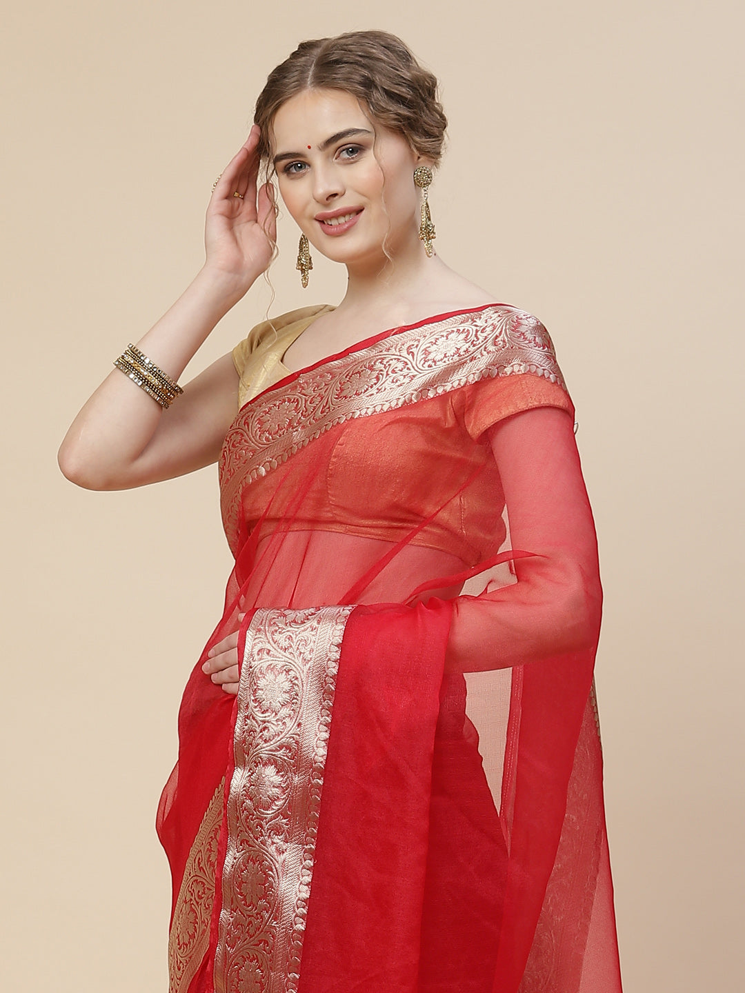Zari Border Organza Plain Saree