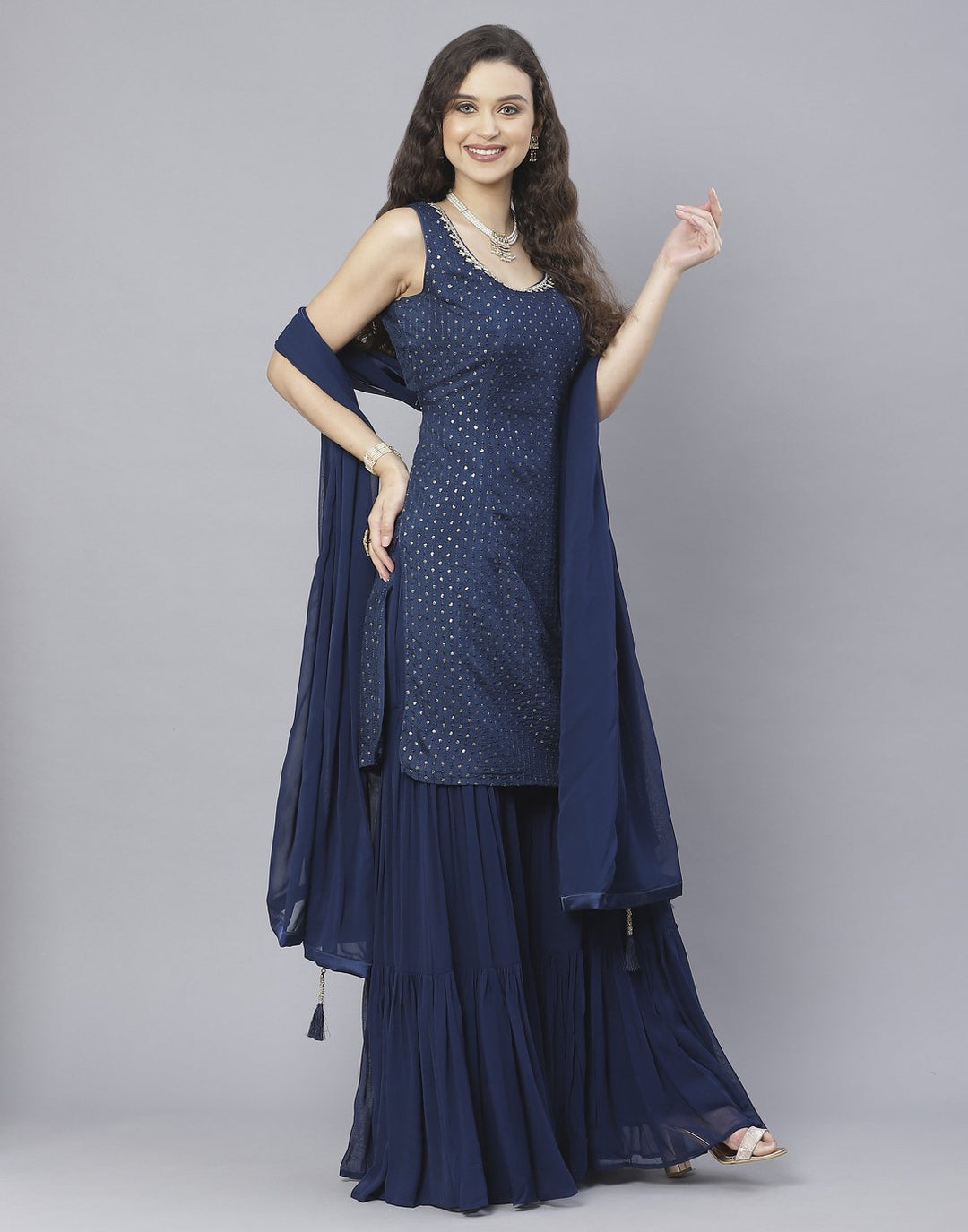 Navy Blue and Rani Handloom Dupion Salwar Kameez
