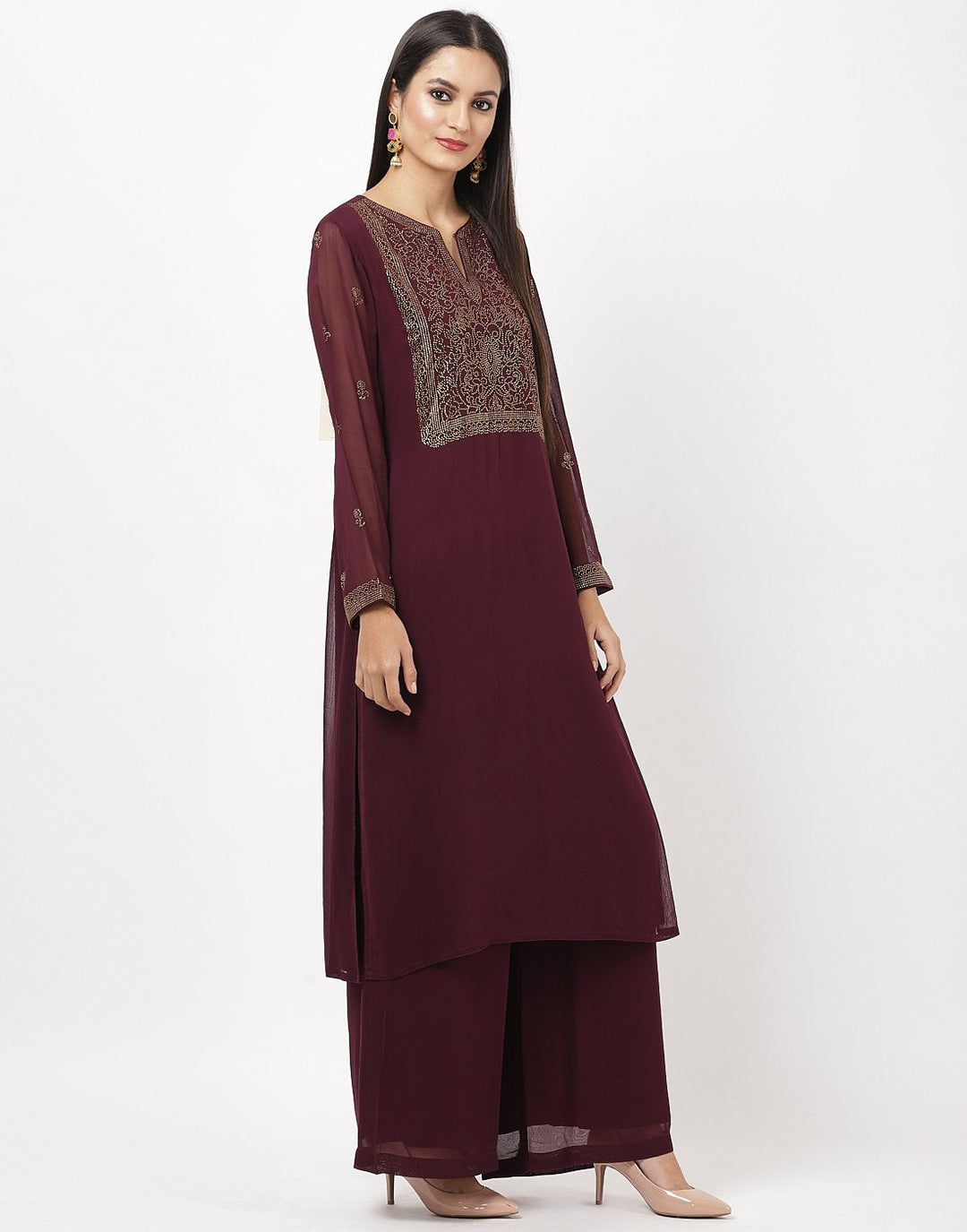 MBZ Meena Bazaar-Wine Georgette Kurti with Palazzo